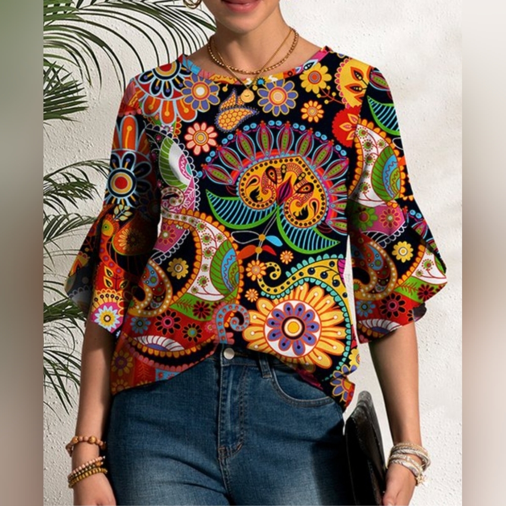 BUY 4 $38....IZURIA Black & Orange Floral Tulip-Sleeve Crewneck Top Size 2X